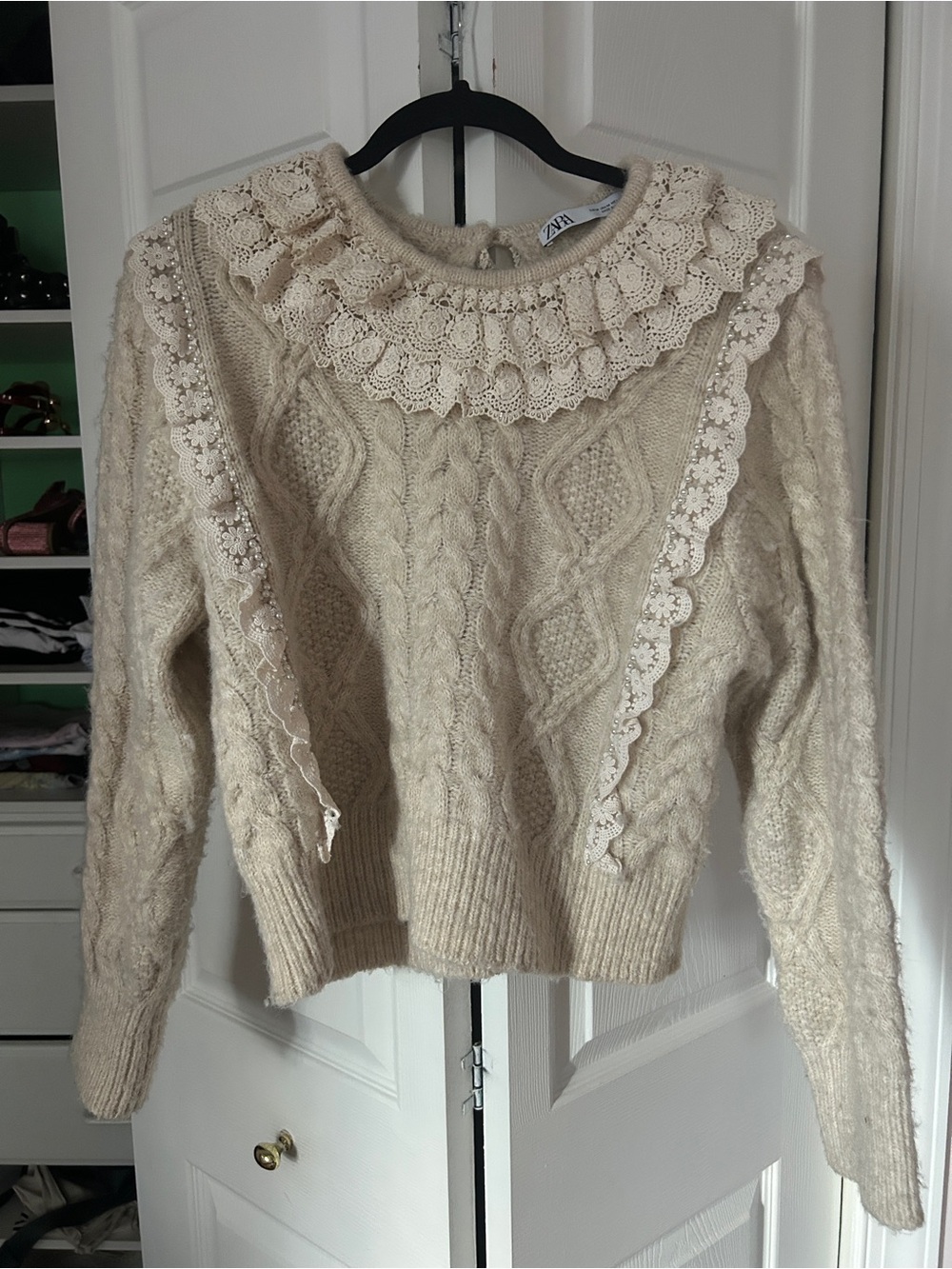 Zara Cream Lace-Trim Cable Knit Sweater with small pearls
